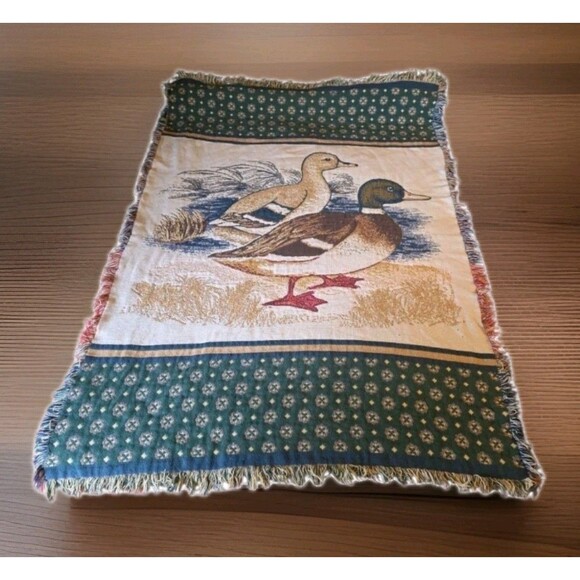 Vintage Woven Mallard Duck Tapestry Throw Blanket W/ Fringed Edges 67